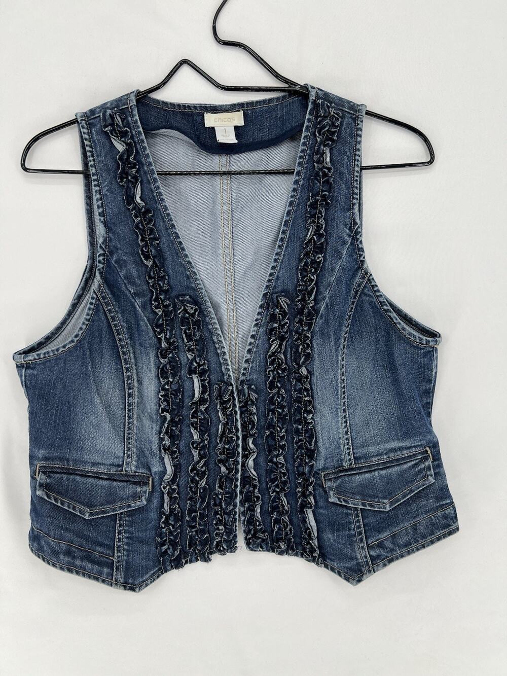 Chico's Denim Vest Ruffle Trim Sleeveless Jean Open Front Vest Womens Size 1
